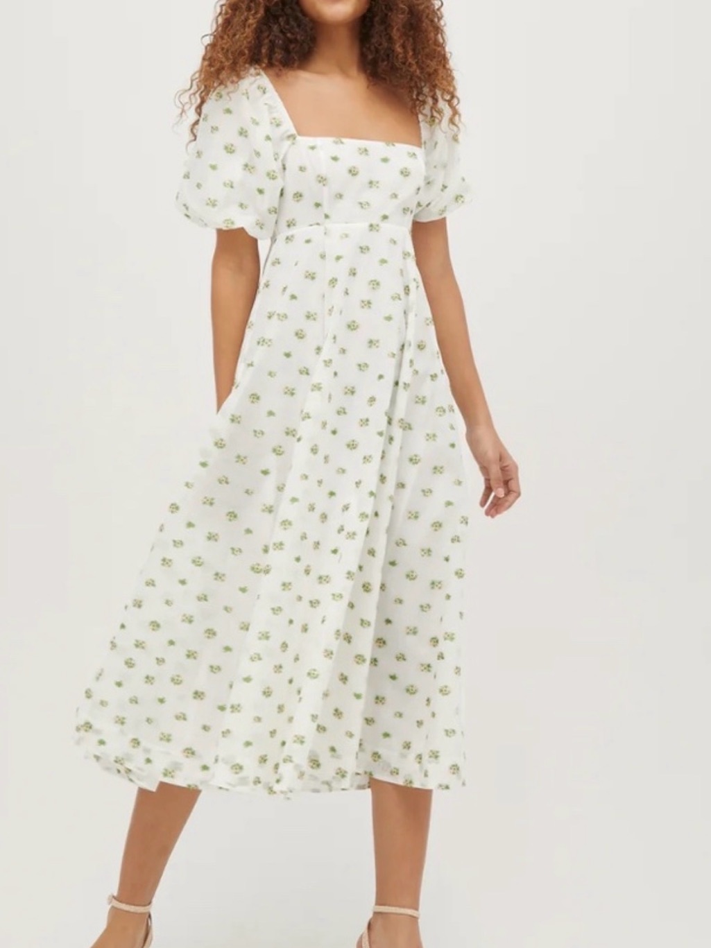 Hill House The Organza Matilda White Midi Dress With Green Floral Print